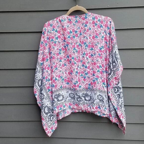 Behind the Seams Red/Blue Boho Bat Wing Peasant Top ck measurements - Picture 3 of 11